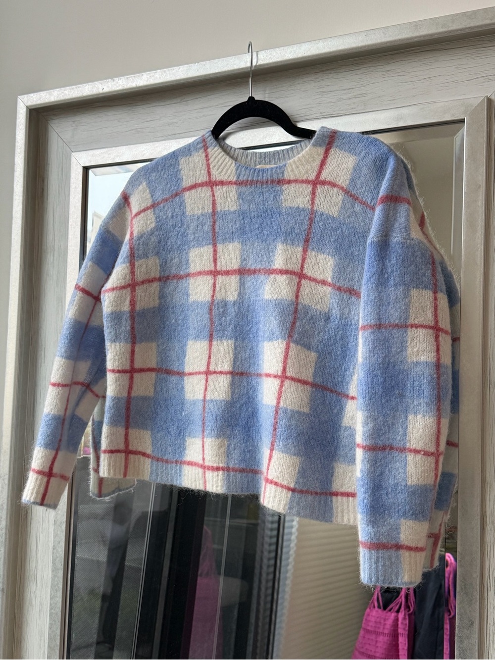 SEZANE Blue Red and White Plaid Knit Sweater - SIZE S